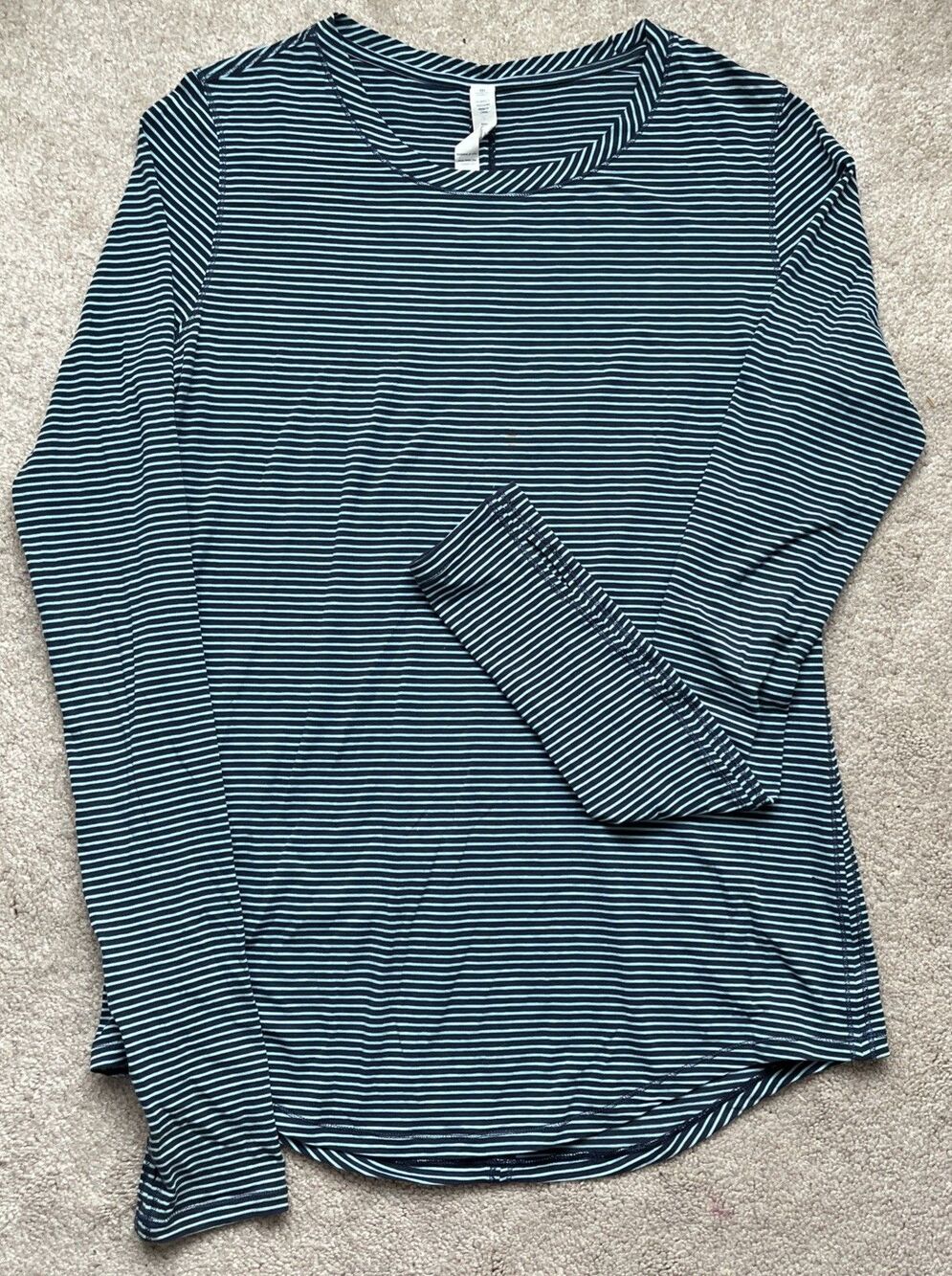 Lululemon All Yours T-Shirt Womens 12 Striped Long Sleeve Blue Curved Hem Preppy